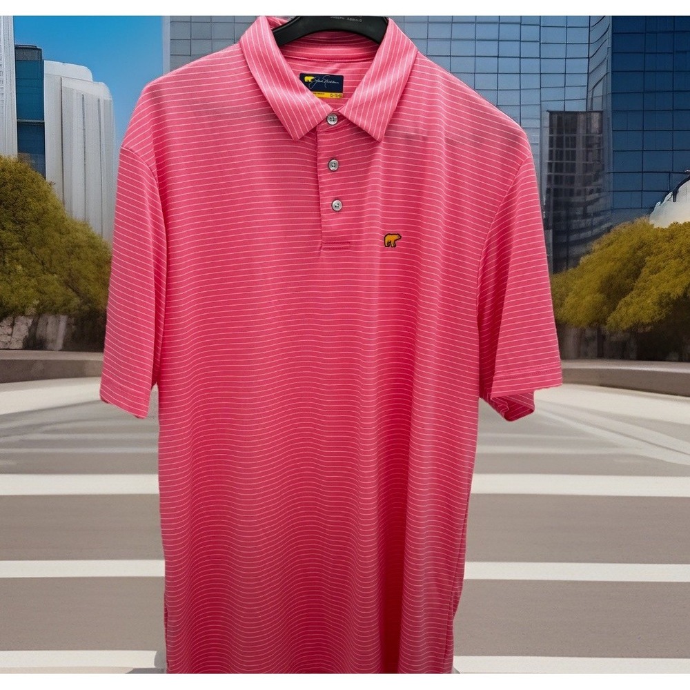 Jack Nicklaus Polo Shirt Mens XL Bubble Gum Pink/White Striped Bear Short Sleeve
